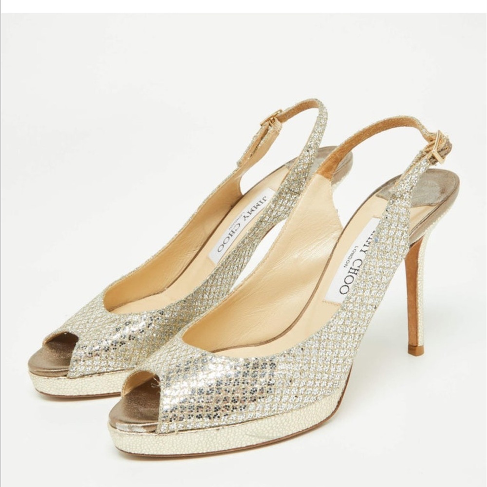 Jimmy Choo Gold Glitter & Lurex Fabric Nova Peep Toe Slingback Sandals 36.5